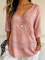 Women'S Casual Tassel and Rhinestone Floral Design Long Sleeve V-Neck Top