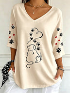 Women's Line Art Dog Paw Heart V Neck 3/4 Sleeve Blouse