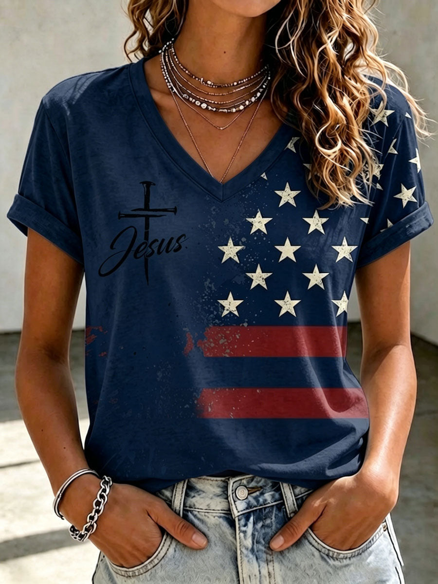 Women's Independence Day Cross Faith V-neck T-shirt