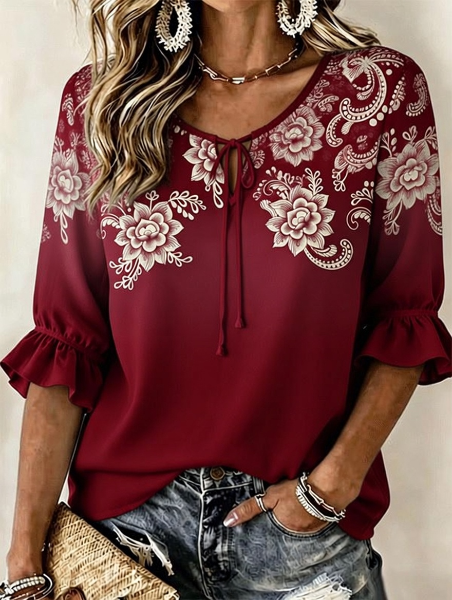 Women's Vintage Floral Tie Neck Ruffle Cuff 3/4 Sleeve Blouse