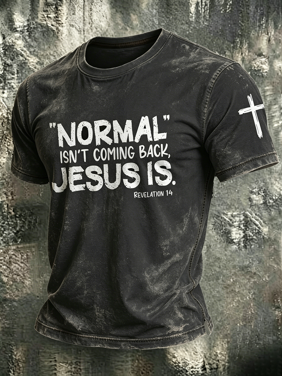 Religious Belief Cross Washed Retro Printed Round Neck T-Shirt