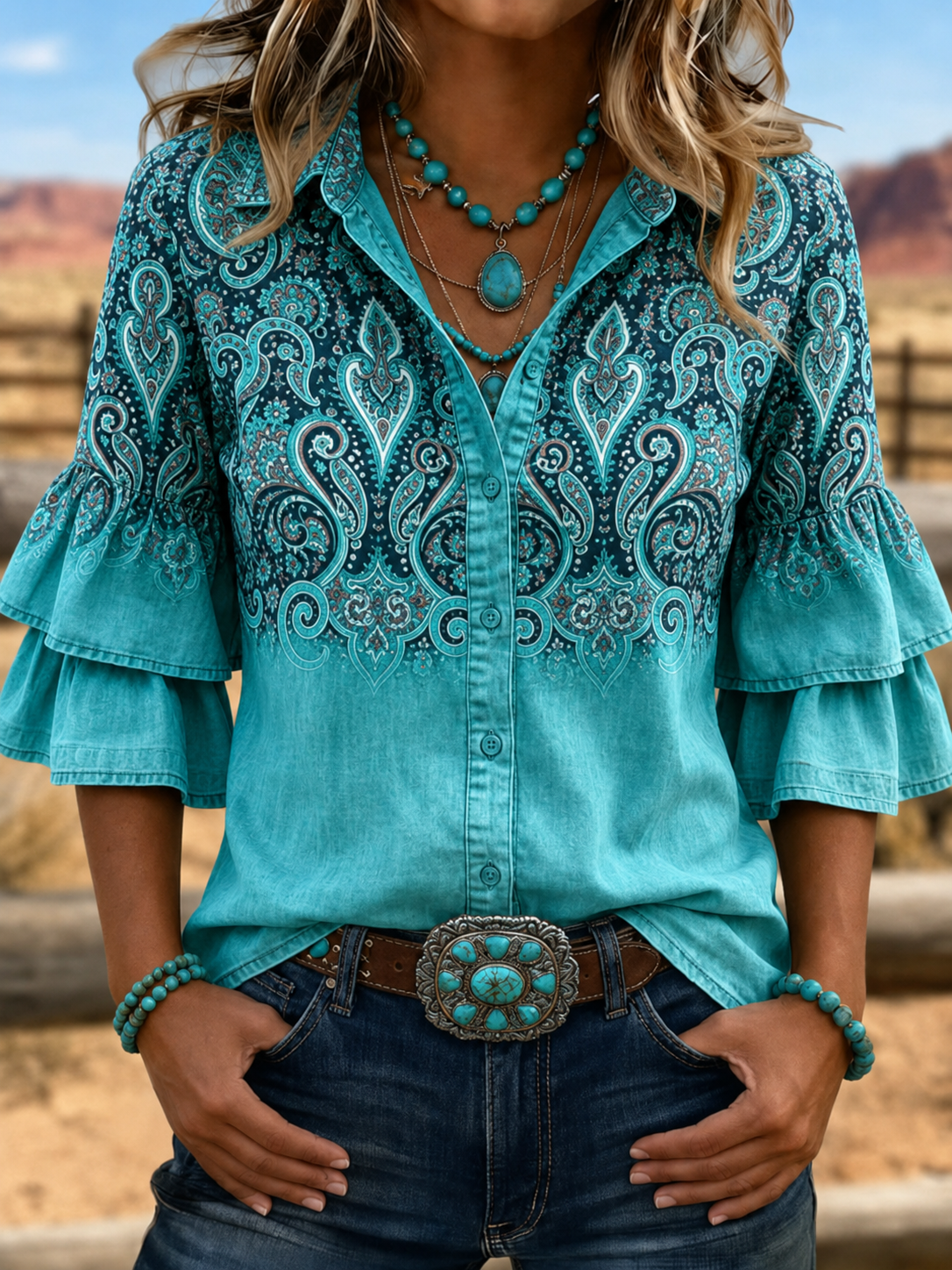 Women's Western Paisley Gradient Double Ruffle Bell Sleeve Button Down Shirt