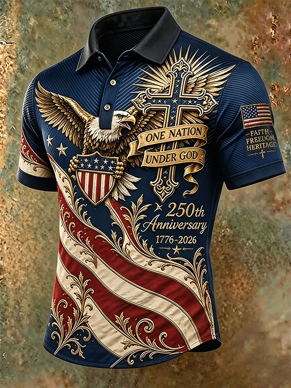 Men's Vintage Patriotic Eagle Cross USA 250th Anniversary American Flag Polo Shirt