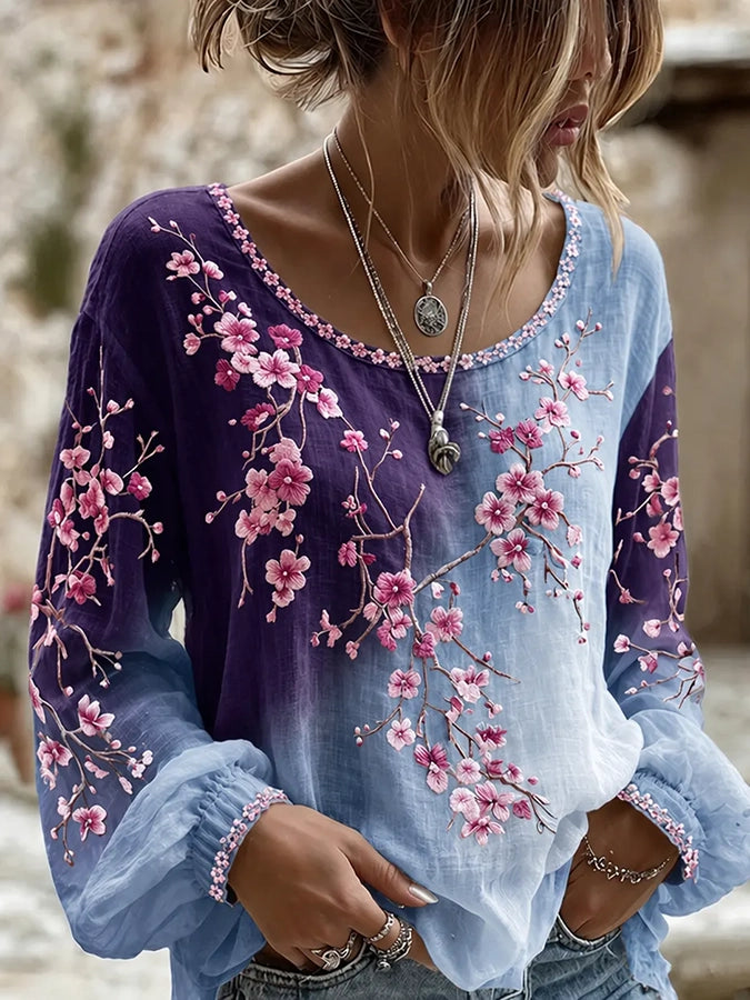 Women's printed round neck cotton and linen shirt