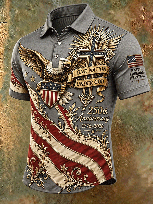 Men's Vintage Patriotic Eagle Cross USA 250th Anniversary American Flag Polo Shirt