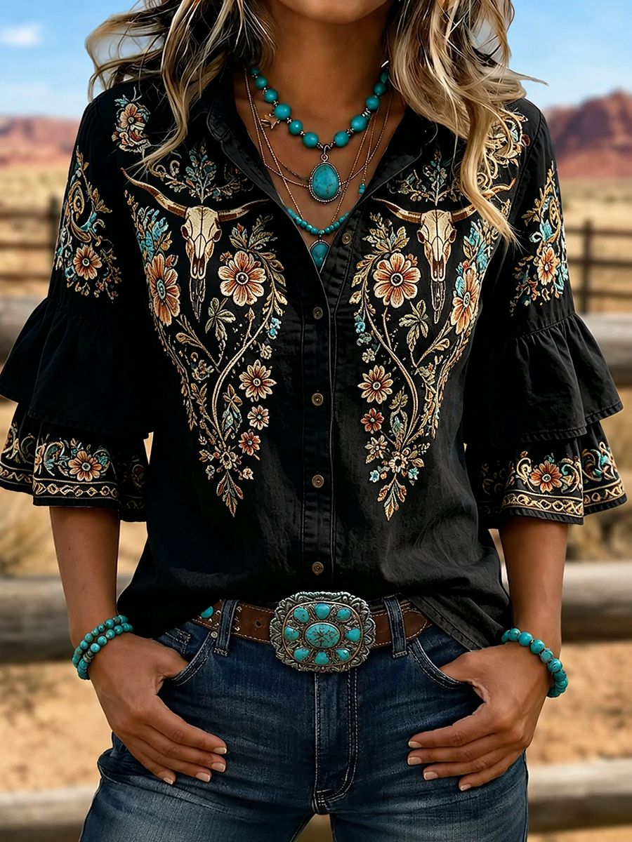 Women's Western Bull Skull Embroidered Ruffle Sleeve Shirt