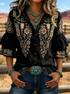 Women's Western Bull Skull Embroidered Ruffle Sleeve Shirt