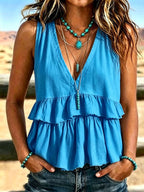 Women's Vintage V-Neck Ruched Patchwork Casual Shirt