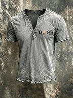 Men'S Casual Logo Cotton And Linen Henry Short Sleeved Shirt