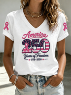Women's American Flag Pink Ribbon Embroidered Casual T-shirt