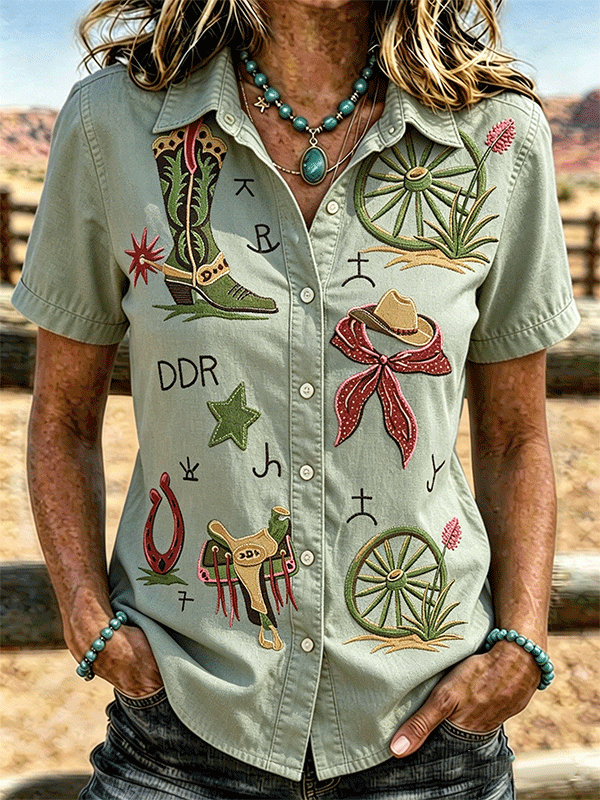 Cowboy Boot Horseshoe Embroidery Western Short Sleeve Shirt