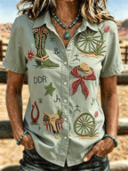 Cowboy Boot Horseshoe Embroidery Western Short Sleeve Shirt