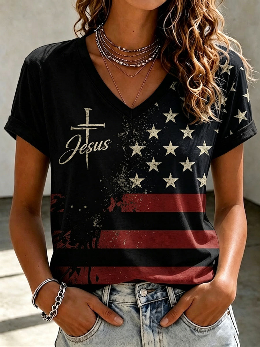 Women's Independence Day Cross Faith V-neck T-shirt