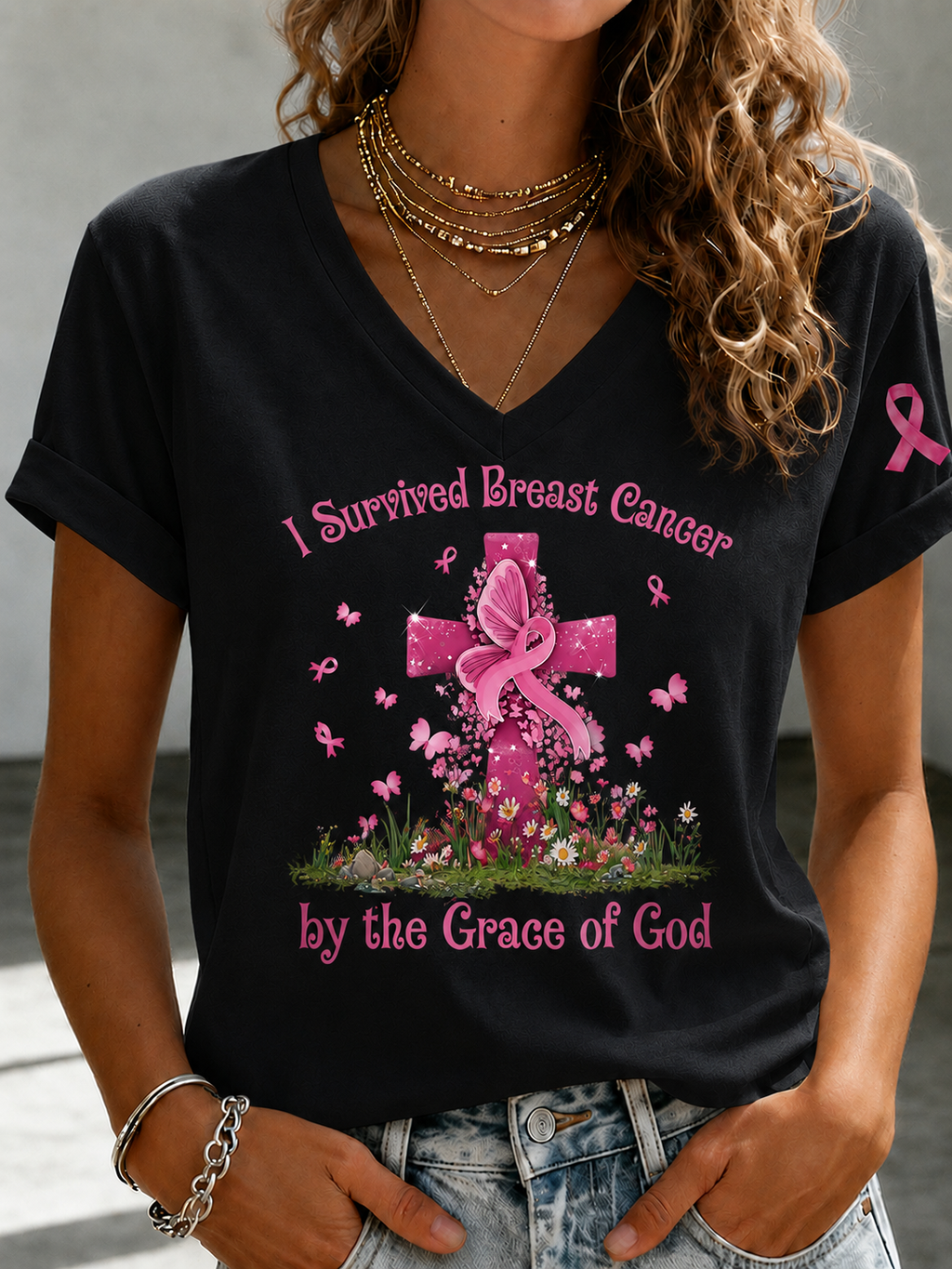 Women'S Faith And Breast Cancer Promotion Printed Short Sleeved T-Shirt