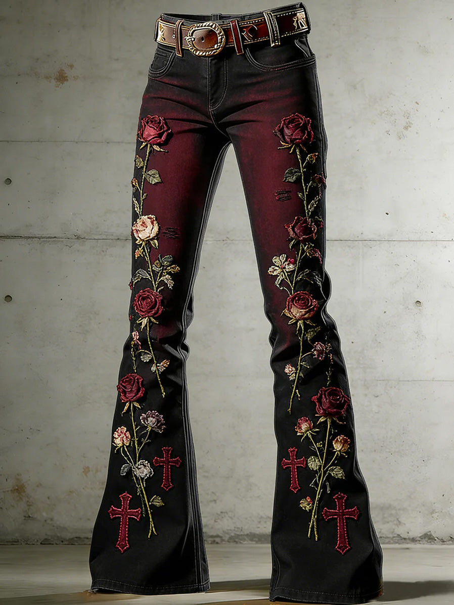 Women'S Retro Western Style Art Print Flare Printed Flared Trousers