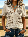 Women'S Retro Western Style Printed Short Sleeved Shirt