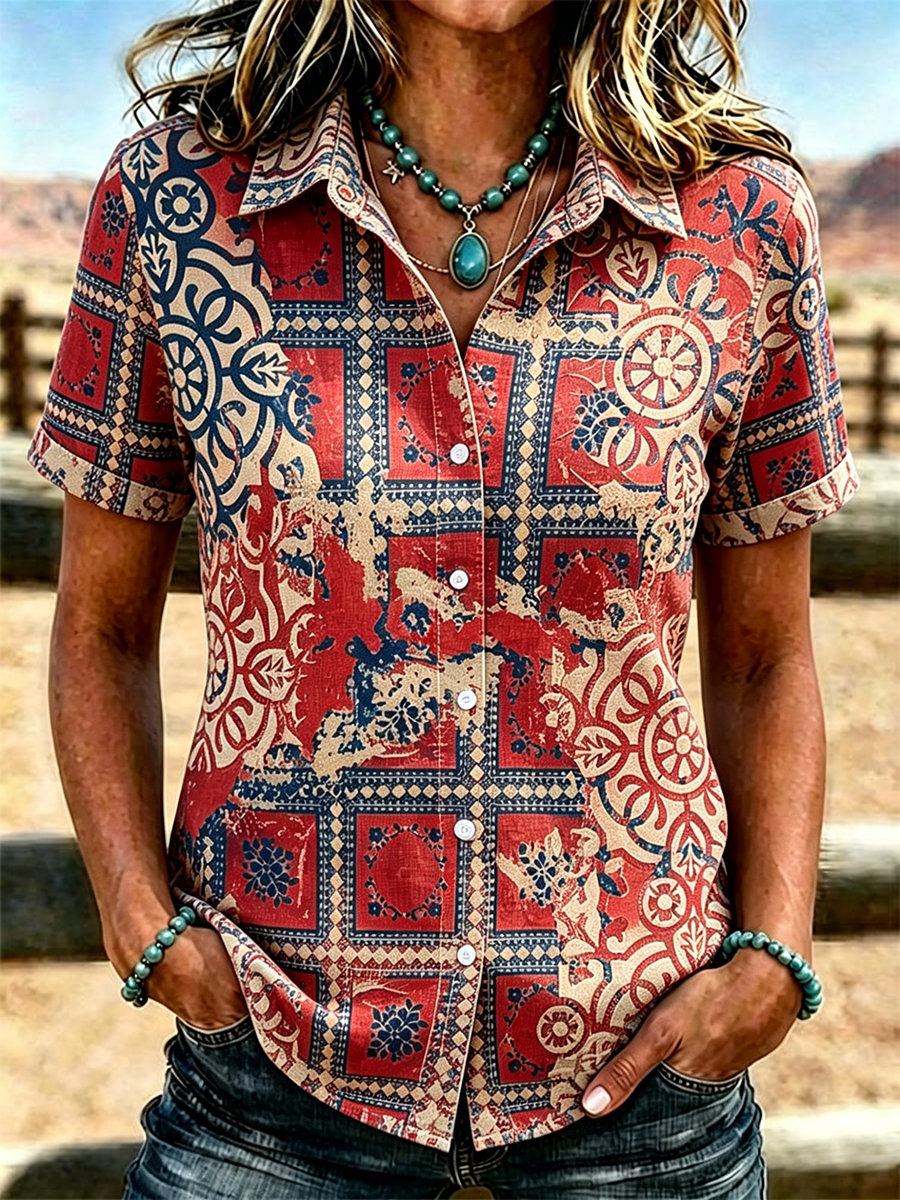 Women's Western Blue Geometric Tile Print Collared Short Sleeve Button Down Shirt