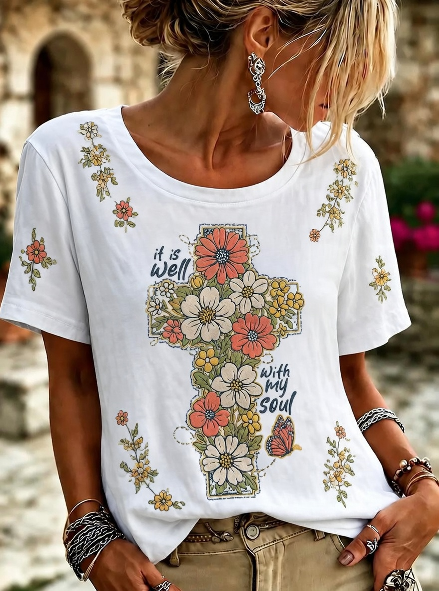 Women's It is Well With My Soul Floral Cross Butterfly Print T-shirt