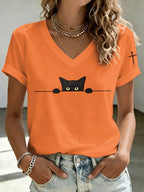 Women'S Cat Printed V-Neck T-Shirt