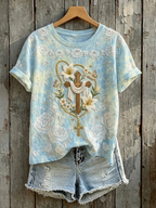 Women's Faith  Floral Lily Butterfly Cross Printed Round Neck Short Sleeve T-Shirt