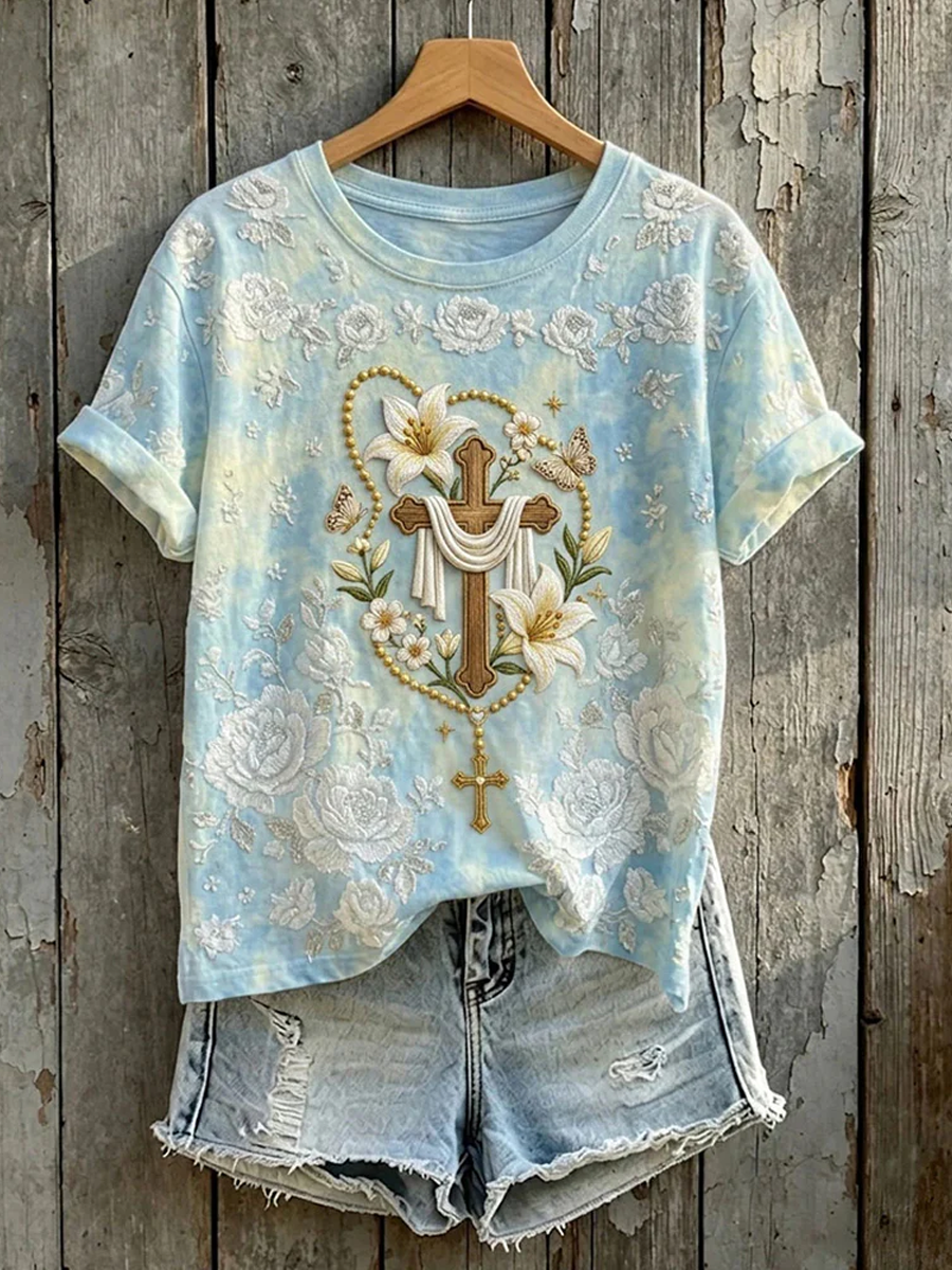 Women's Faith  Floral Lily Butterfly Cross Printed Round Neck Short Sleeve T-Shirt
