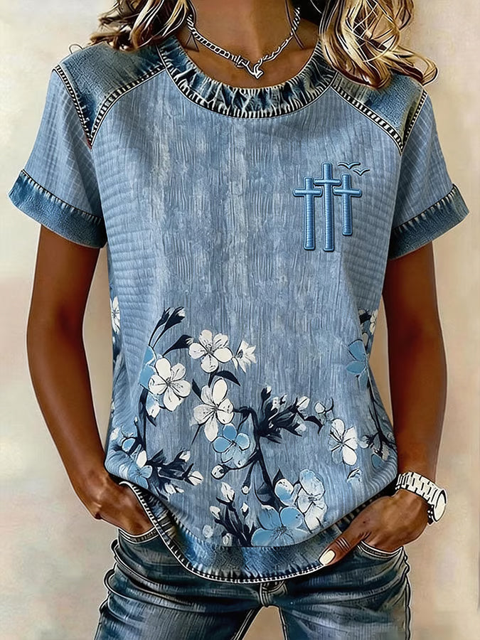 Women'S Casual Denim Patchwork Design With Floral Print Round Neck Short Sleeved T-Shirt