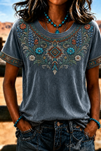 Women'S Retro Ethnic Art Printed Round Neck T-Shirt