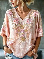 Women'S Cotton And Linen Floral Faith Casual Top