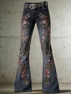 Ladies' Casual Trumpet Pants With Floral Wings And Cross Pattern
