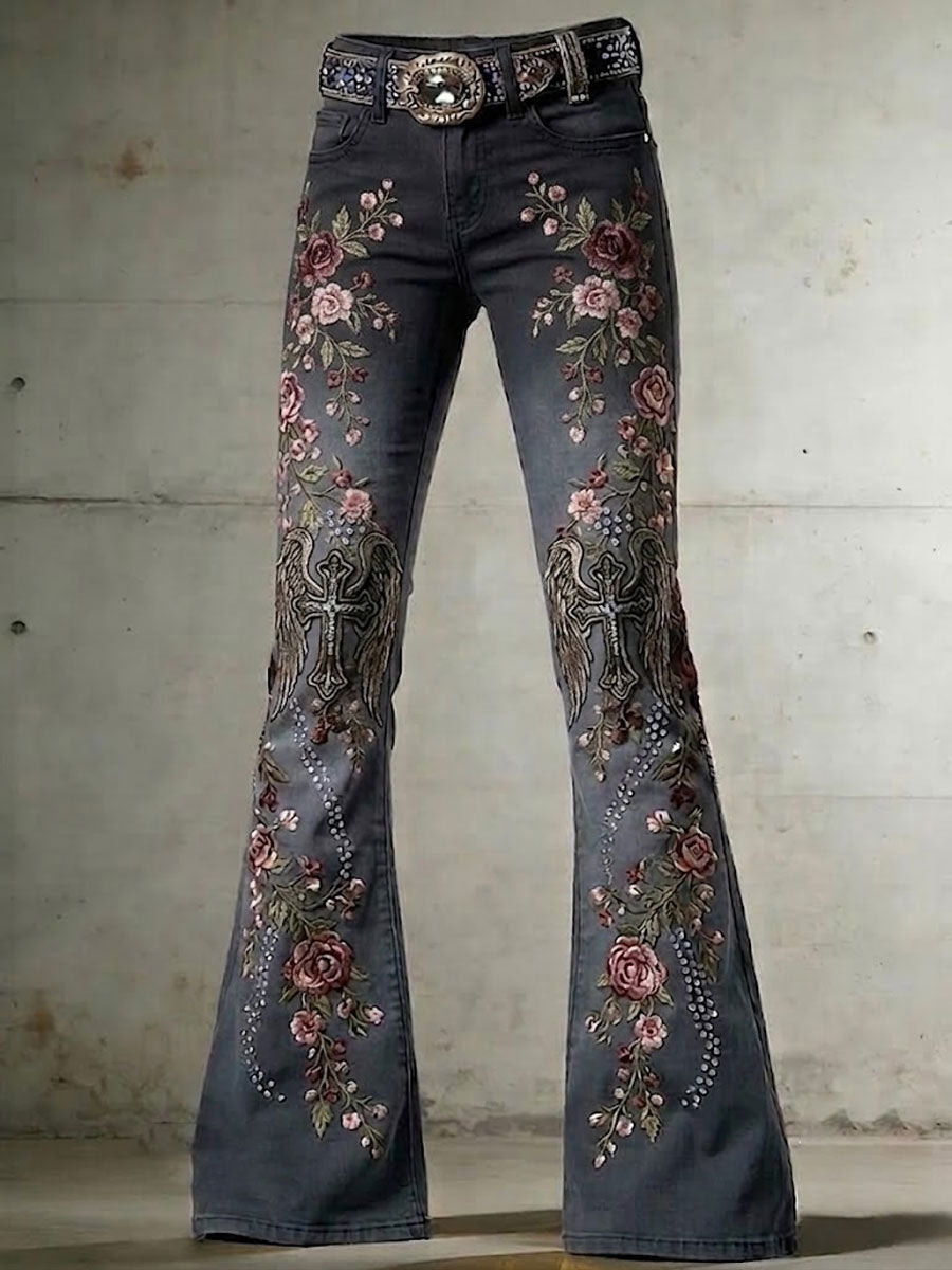 Ladies' Casual Trumpet Pants With Floral Wings And Cross Pattern