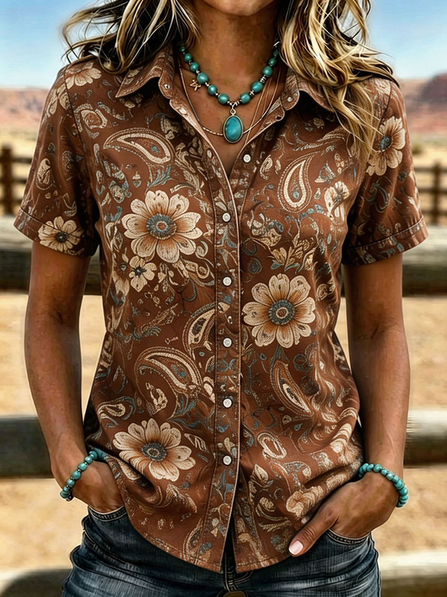 Women's Boho Paisley Floral Print Western Short Sleeve Button Up Shirt