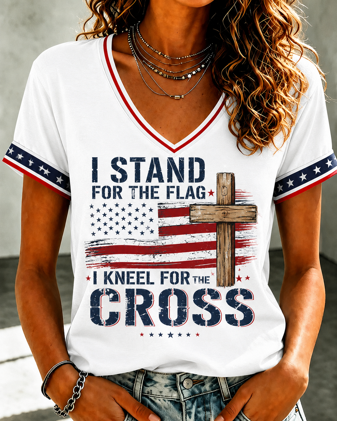 Women'S Belief Cross Flag Print Casual V-Neck Top