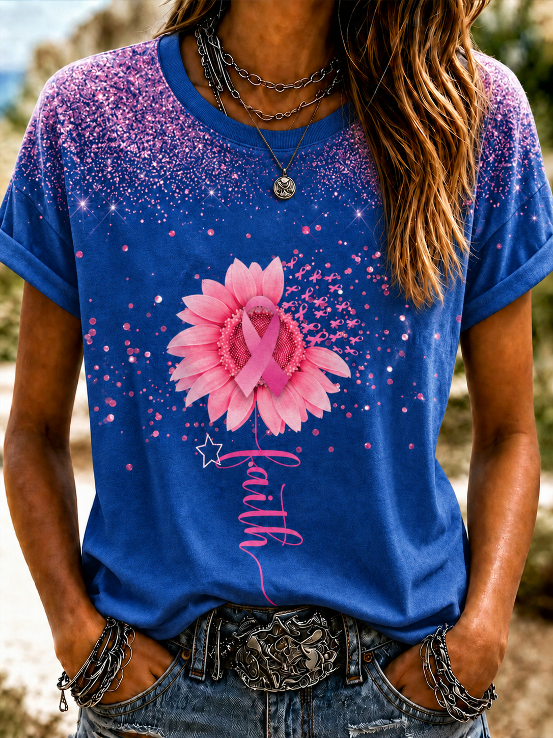 Women'S Breast Cancer Awareness Printing Short Sleeved T-Shirt