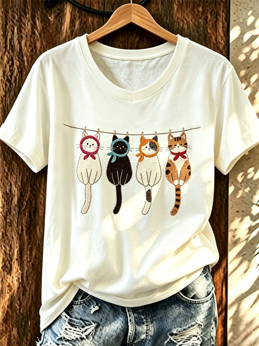 Women'S Fun Cat Printed Casual Round Neck T-Shirt