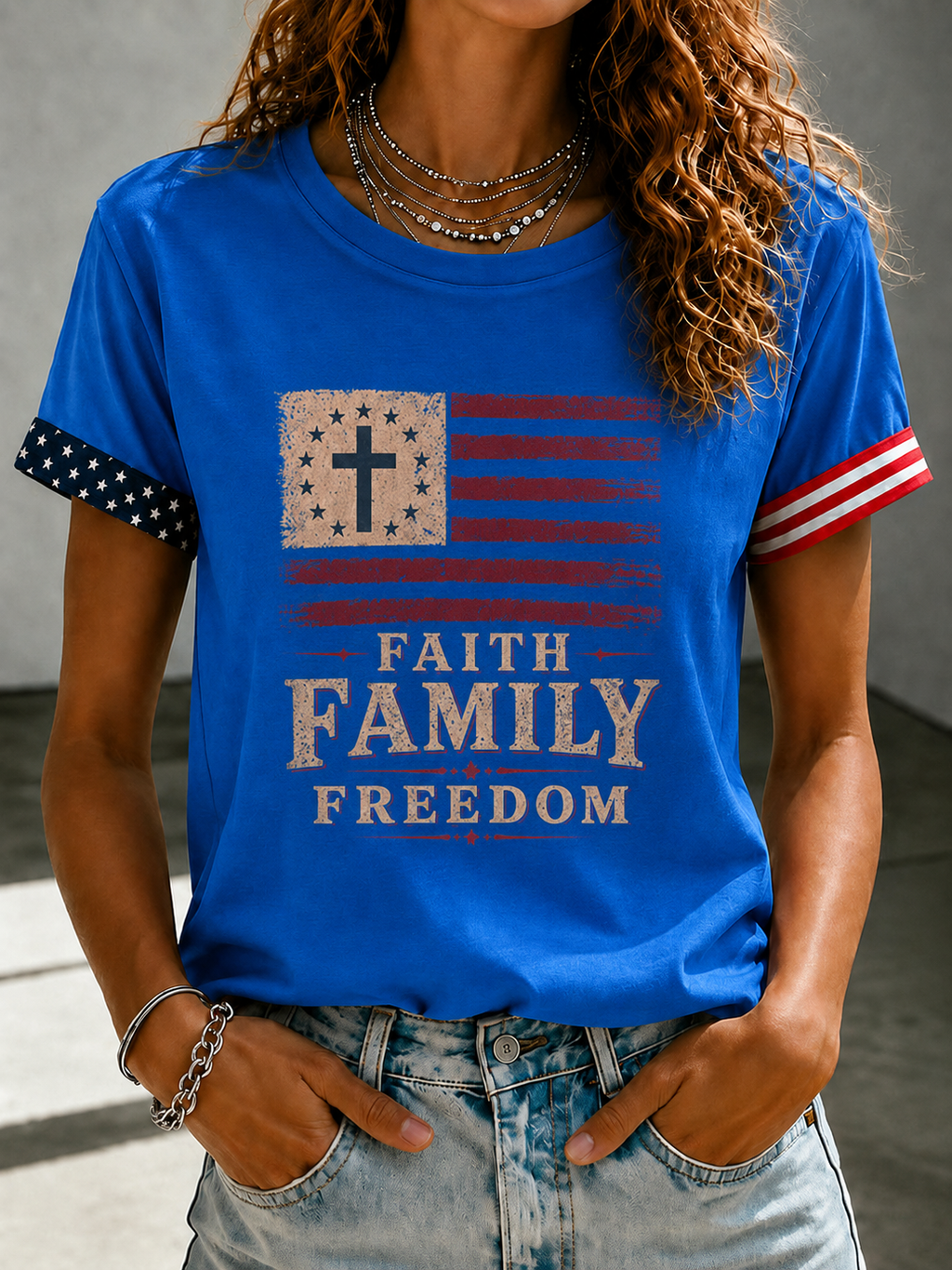 Women'S Casual Faith Family Freedom Cross Printed T-Shirt