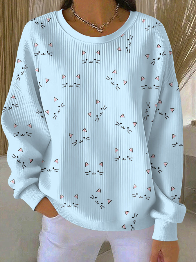 Women'S Cat Print Casual Texture Sweatshirt