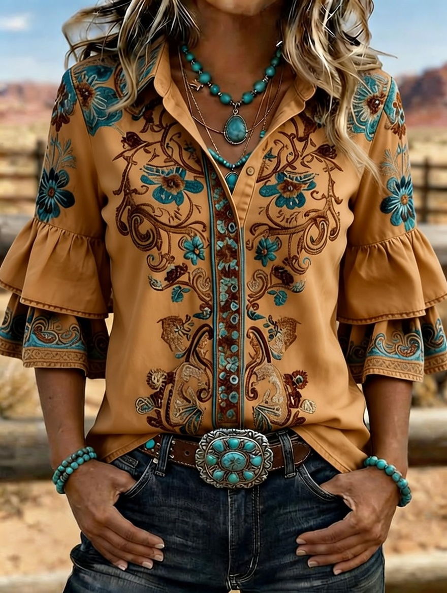 Women's Western Floral Embroidered Denim Bell Sleeve Shirt