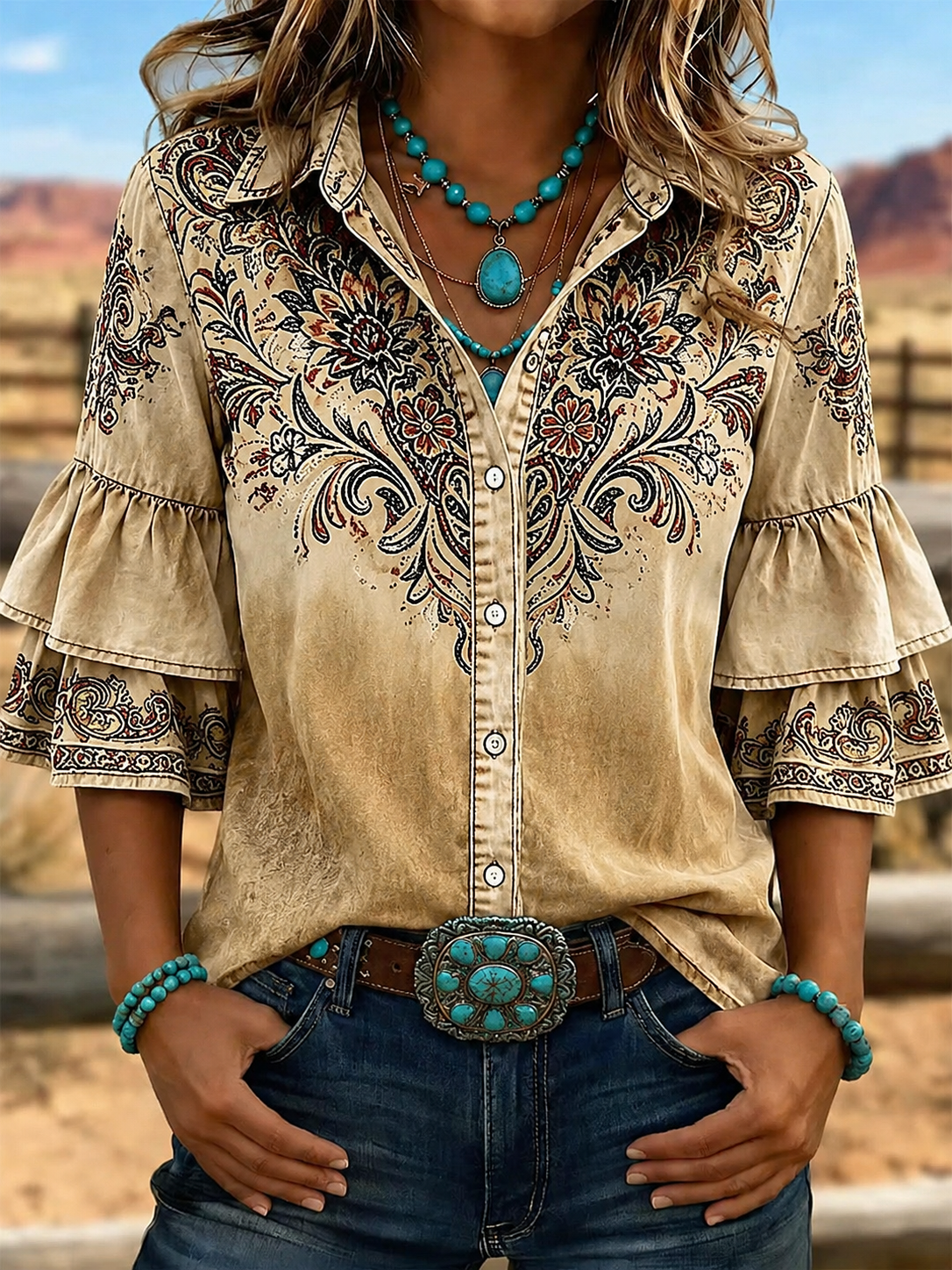 Women's Western  Ruffle Sleeve Shirt