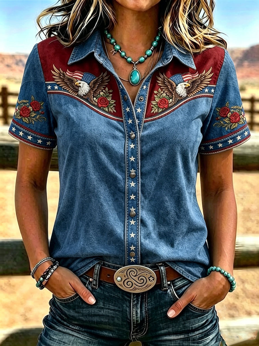 Women'S Retro Western Style Printed Short Sleeved Shirt