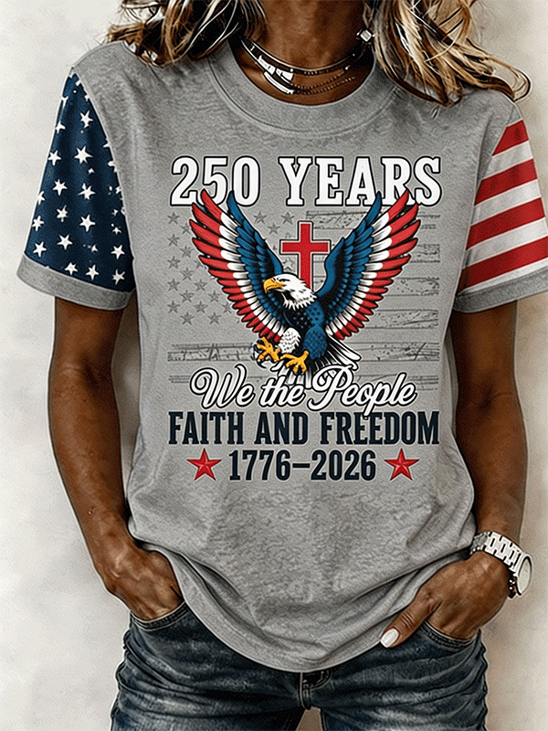 Women's 250 Years We The People Faith Freedom Eagle Cross Star Stripe Color Block Short Sleeve Casual T-Shirt