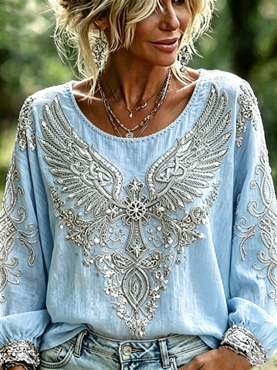 Women's Cotton-Linen Floral Top with Vintage Wing and Cross Print