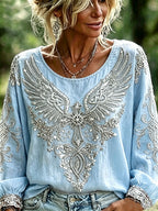 Women's Cotton-Linen Floral Top with Vintage Wing and Cross Print