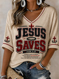 Women'S Christian JESUS SAVES Cross Mid-Length Sleeves V-Neck T-Shirt