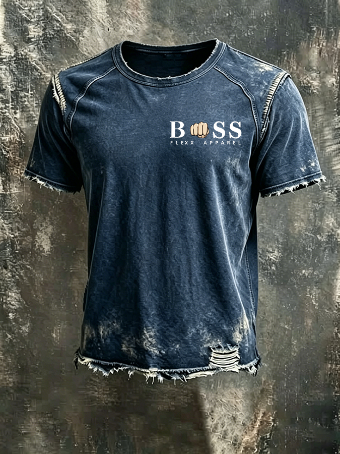 Men'S Logo design Casual Washed Cotton And Linen Raglan Short Sleeved T-Shirt