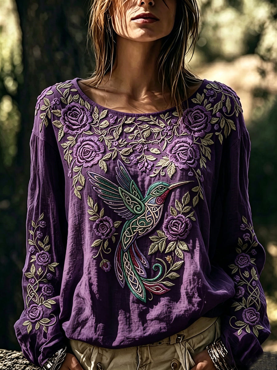 Women's Hummingbird Floral Cotton Linen Top