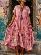 Women's Vintage Floral Art Linen Maxi Dress