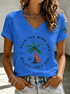 Women'S ���Even The Wind And Waves Obey Him��� Print V-Neck T-Shirt