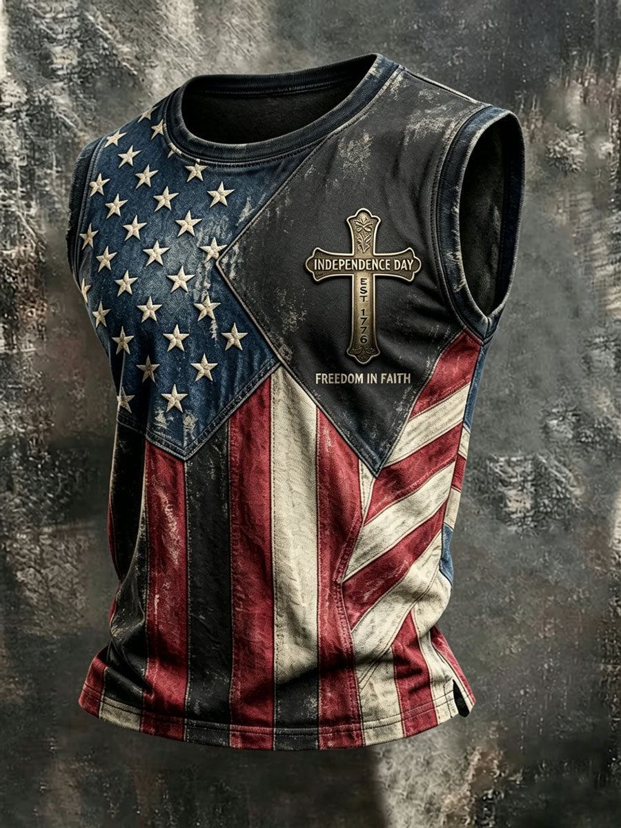 Men'S Retro Independence Day Faith Patriot Crew Neck Tank Top