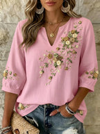 Women's Breast Cancer Awareness Floral Ribbon Embroidered Printed Top