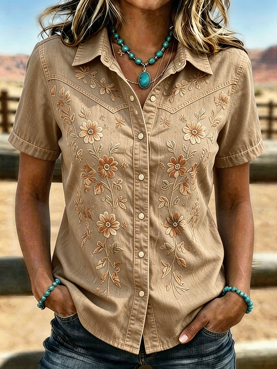 Women's Western Floral Embroidered Short Sleeve Shirt